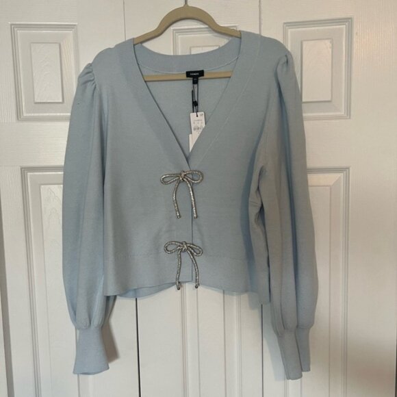 NWT Express v-neck embellished bow cardigan, chill blue, size xl - Picture 1 of 8